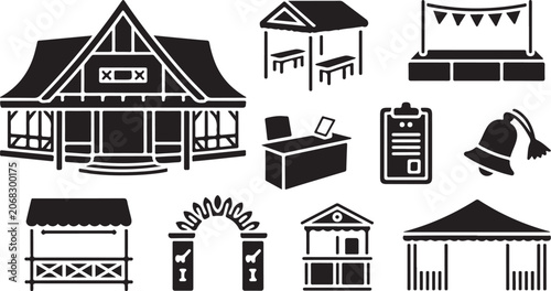 Black and white, 10 piece, vector fairground icons set