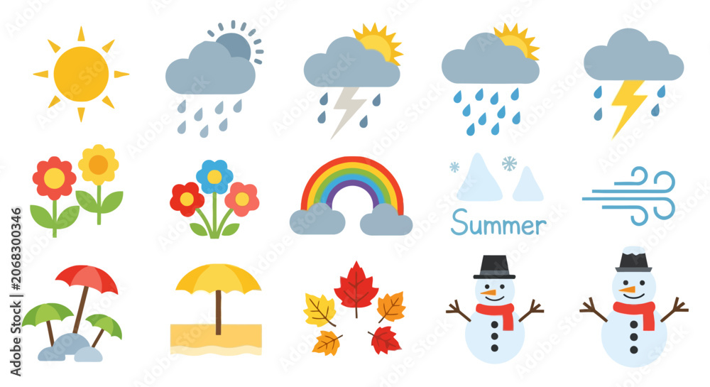Naklejka premium Weather and seasonal icons set with sun rain and snowman