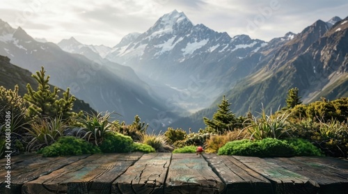 Scenic Mountain Landscape with Lush Greenery and Wooden Plank View
