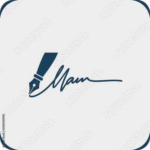 Vector illustration of a fountain pen creating a cursive signature for an audit or legal document