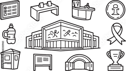 Sports icons, athletic stadium, fitness symbols, line art
