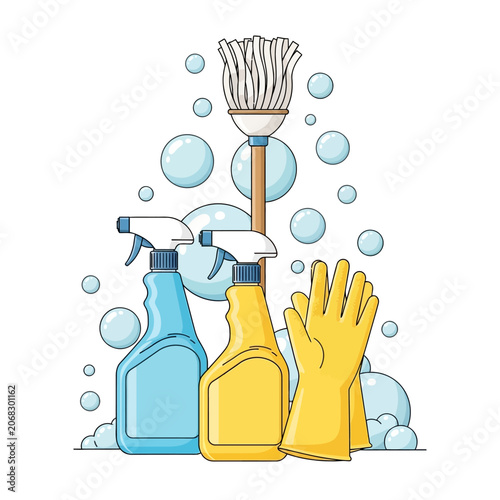 A vector illustration of cleaning supplies including spray bottles a mop and yellow gloves surrounded by soap bubbles