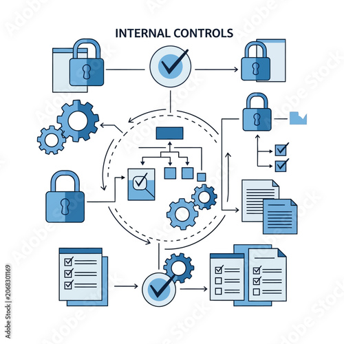 Business compliance and internal control system concept vector illustration with workflow and lock icons