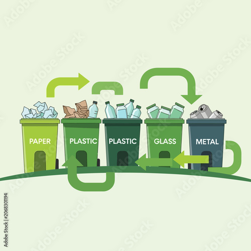 Recycling bins illustration showing waste segregation for paper, plastic, glass, and metal with green arrows