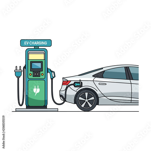Vector illustration of a white electric car charging at a modern EV charging station for eco-friendly transportation