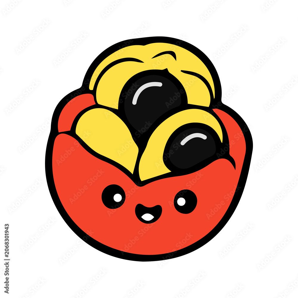 Fototapeta premium Cute ackee fruit mascot logo with whimsical vector illustration elements, bold outlines, bright flat colors, and an adorable kawaii cartoon style