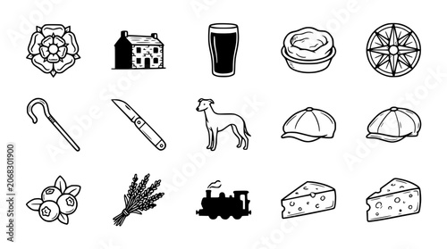Canvastavla Traditional British Countryside Icons: Rose, House, Pint, Compass, Dog, Train, C