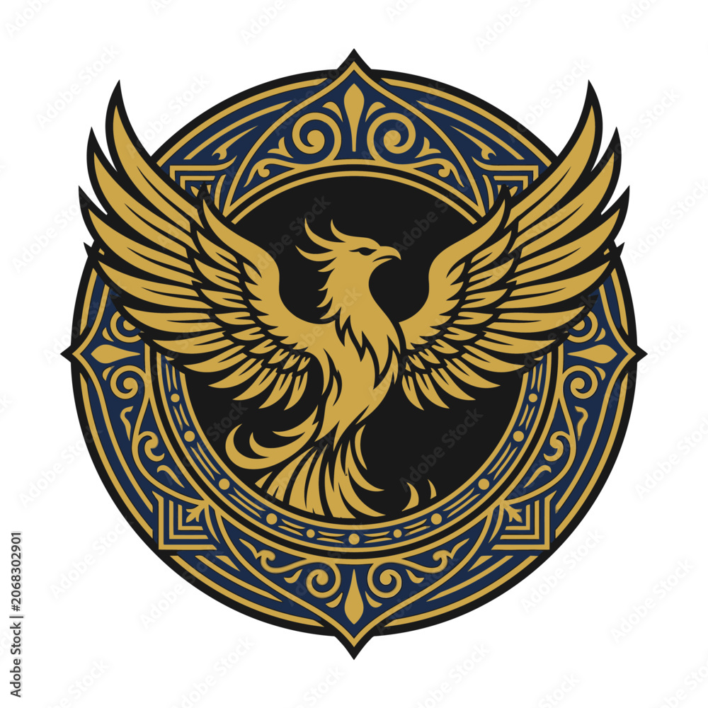Fototapeta premium Golden phoenix bird emblem on dark ornate circular background.
