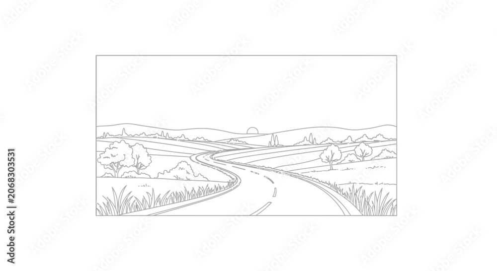 Fototapeta premium Winding Country Road Through Rolling Hills and Fields, Scenic Landscape