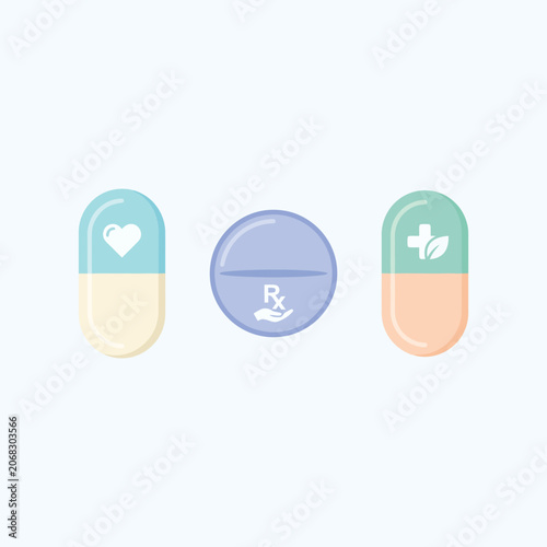 Minimalist vector icons representing health and wellness a heart-shaped pill, a round pill with an Rx symbol, and a leaf-shaped pill