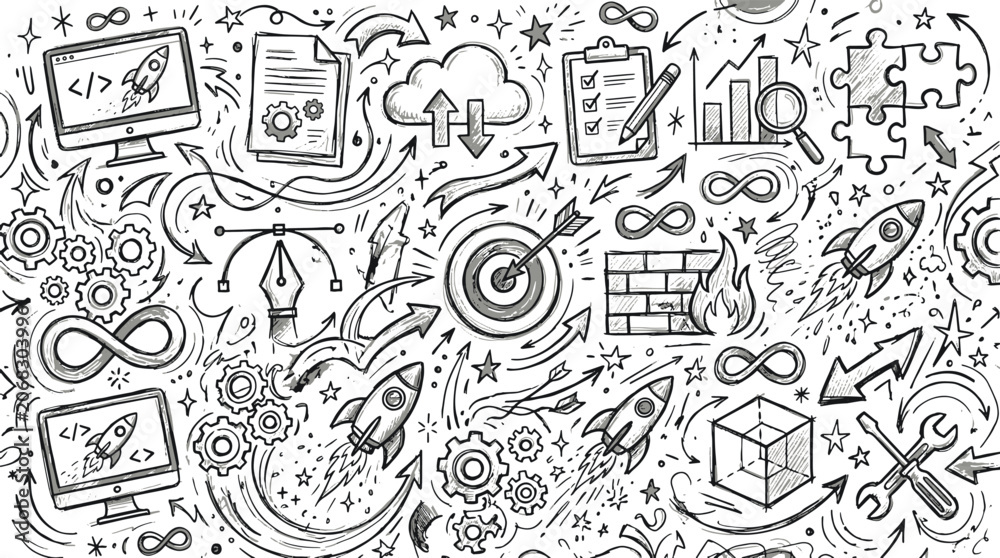 Fototapeta premium Software development and project management hand drawn sketches with software development programming management planning technical internet innovation strategy workflow automation