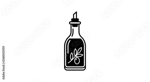Minimalist black and white icon of an olive oil bottle with a branch illustration.
