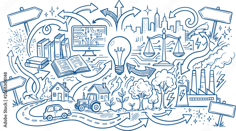 Fototapeta premium Sustainable development and life choices concept illustration with sustainable development environment decision lightbulb industry agriculture planning thinking transport progress