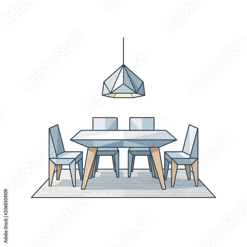 Modern Geometric Dining Room Set with Table Chairs and Pendant Lamp Vector Illustration