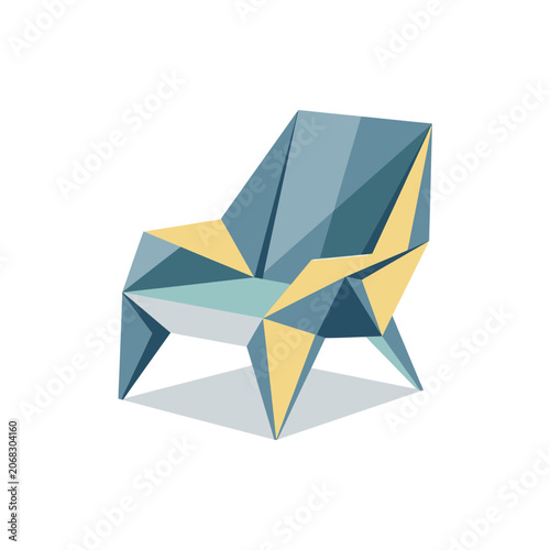 Modern Geometric Low Poly Armchair Illustration in Blue and Yellow Colors