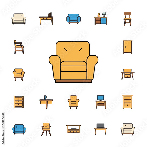 Modern Home Furniture and Interior Decor Flat Line Vector Icons Set