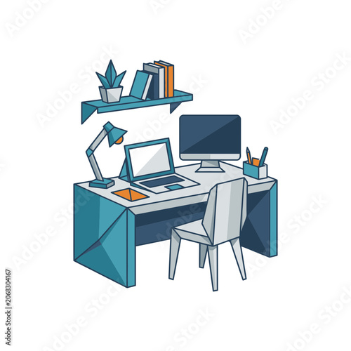 Modern Home Office Workspace Vector Illustration with Laptop and Desktop Computer