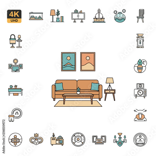 Modern Interior Design Icon Set and Living Room Furniture Illustration