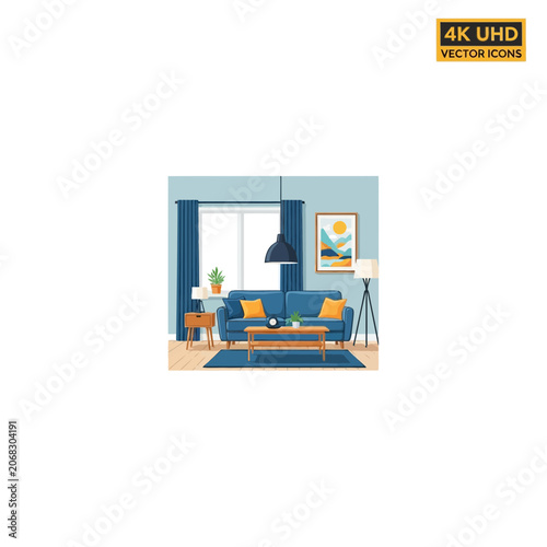 Modern Living Room Interior with Blue Sofa and Stylish Furniture Illustration