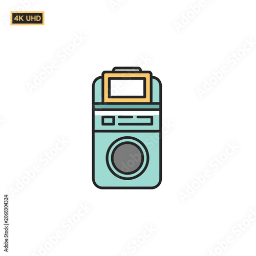 Retro analog film camera icon with flash isolated on white background