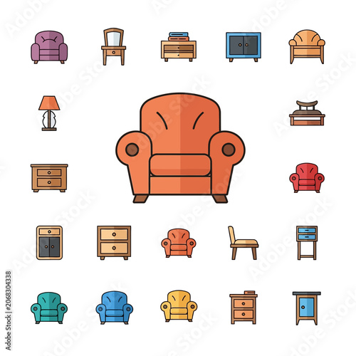 Set of Modern Home Furniture Icons Including Armchairs and Cabinets for Interior Design