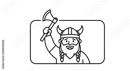 Viking Warrior with Axe, Horned Helmet, Braided Beard, Cartoon Style