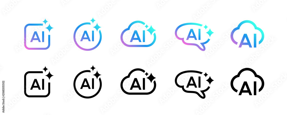Fototapeta premium ollection of modern AI logo icons featuring innovative technology symbols, artificial intelligence concepts, neural networks, automation, and futuristic digital branding elements