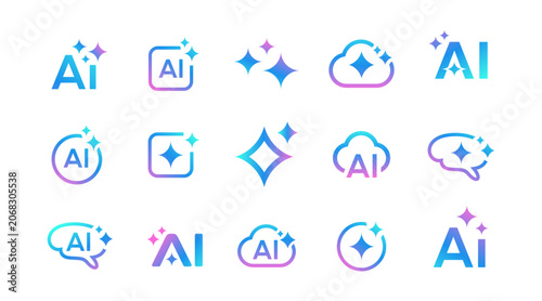 ollection of modern AI logo icons featuring innovative technology symbols, artificial intelligence concepts, neural networks, automation, and futuristic digital branding elements