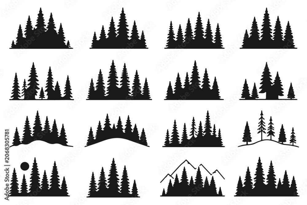 Obraz premium Forest of Christmas fir trees vector icon set. A collection of various black and white silhouette illustrations of pine trees in different sizes and arrangements. various christmas tree silhouette.