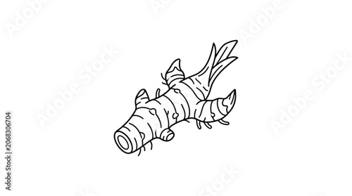Hand drawn line art illustration of a fresh ginger root rhizome.