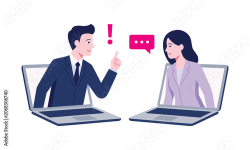 Online consultation. Problem solving through advice. Illustration of a woman speaking and a man having an idea.