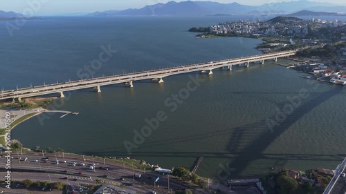 Aerial View of Pedro Ivo Campos and Colombo Salles Bridges with City Traffic and Ocean Coastline in Florianopolis Santa Catarina Brazil