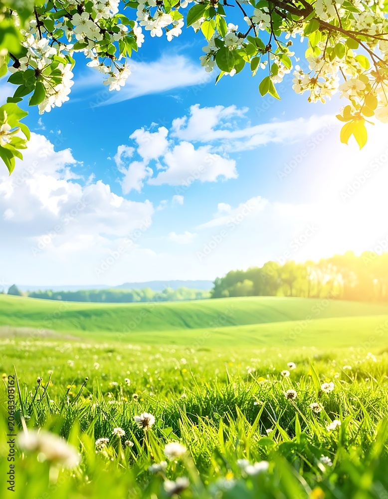 Obraz premium Serene green landscape with sunny sky.
