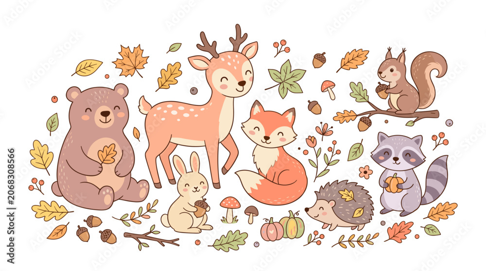 Obraz premium Charming collection of cute woodland animals surrounded by autumn leaves and seasonal elements for illustrative design projects