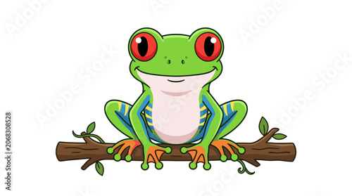 Cartoon red eyed tree frog sitting on a branch with bright colors and playful expression for nature