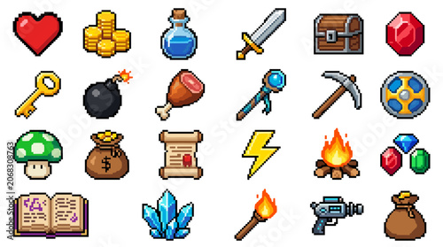 Diverse pixel art icons featuring hearts treasure weapons and more for game design
