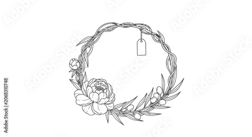 Hand Drawn Floral Wreath with Flowers.