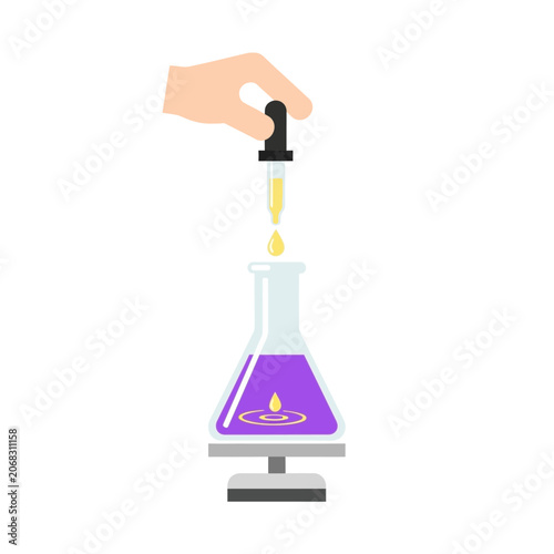 Scientist performing a chemical reaction in a laboratory using a dropper and flask with purple liquid, research and analysis concept