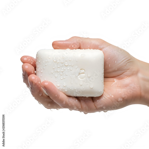 Person holding a white bar of soap with foam in their hand for washing and hygiene isolated on transparent background