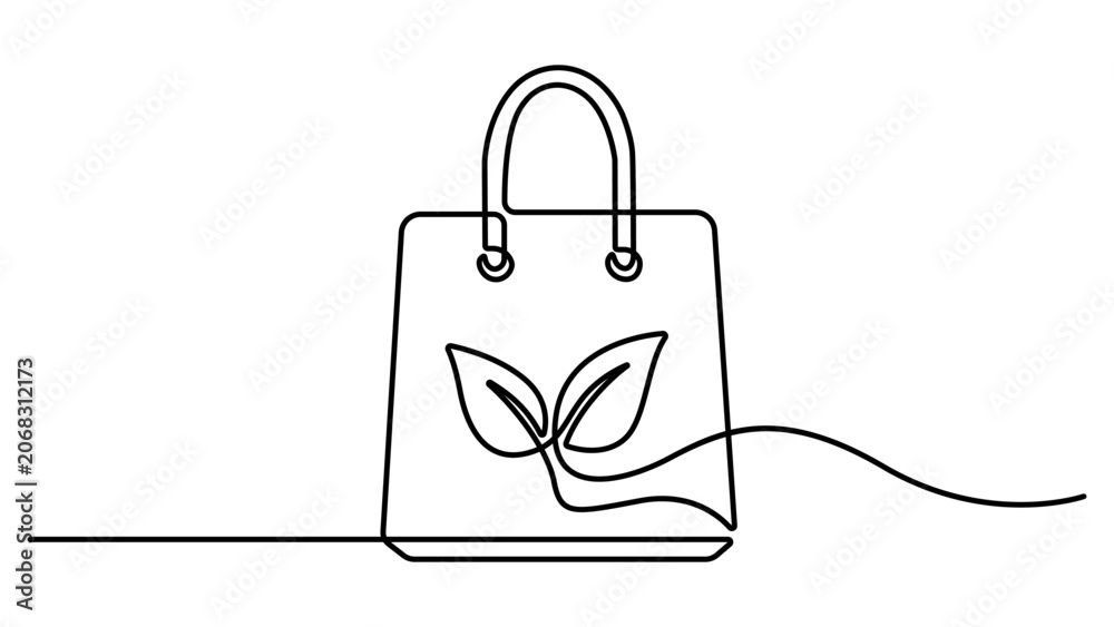 Obraz premium Continuous single line drawing of an eco friendly shopping bag with a green leaf symbol for sustainable fashion and natural products
