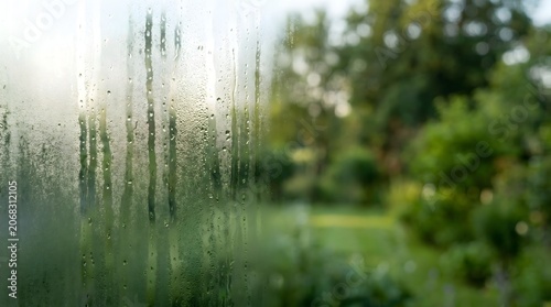 Картината върху платно Close up of condensation water droplets on window glass with blurred green garde