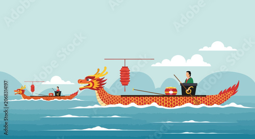 Bilde på lerret Dragon Boat Race Scene Featuring Main Vessel.
