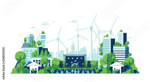 Fotografie Eco city skyline with wind turbines and greenery.