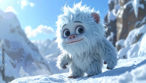 A friendly cartoon yeti in snowy mountains.