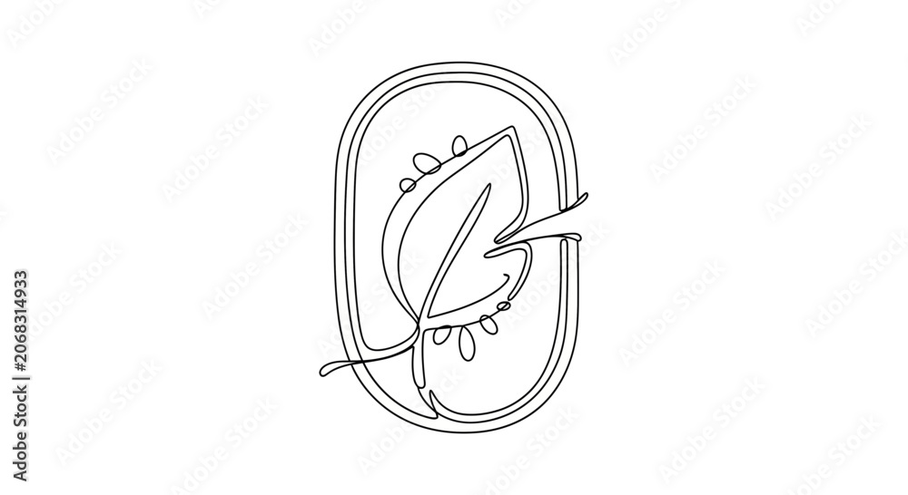 Fototapeta premium Minimalist single line drawing of a leaf with dew drops inside an oval frame, botanical art