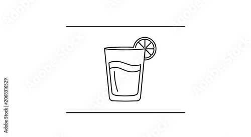Minimalist line art icon of a refreshing glass of juice with a lemon slice garnish.