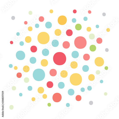 Scattered colorful polka dots on white background