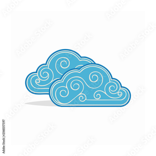 Stylized blue clouds with white swirls on white background