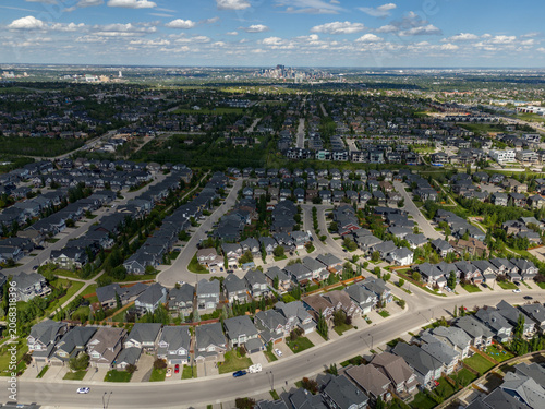Aerial view of new homes in a residential area of Calgary, Alberta, Canada.