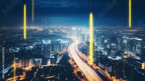 Spectacular nighttime skyline of a big modern city at night. Aerial view on highways and skyscrapers. Blurred night cityscape with lights. Panoramic city view with car light trails at night.